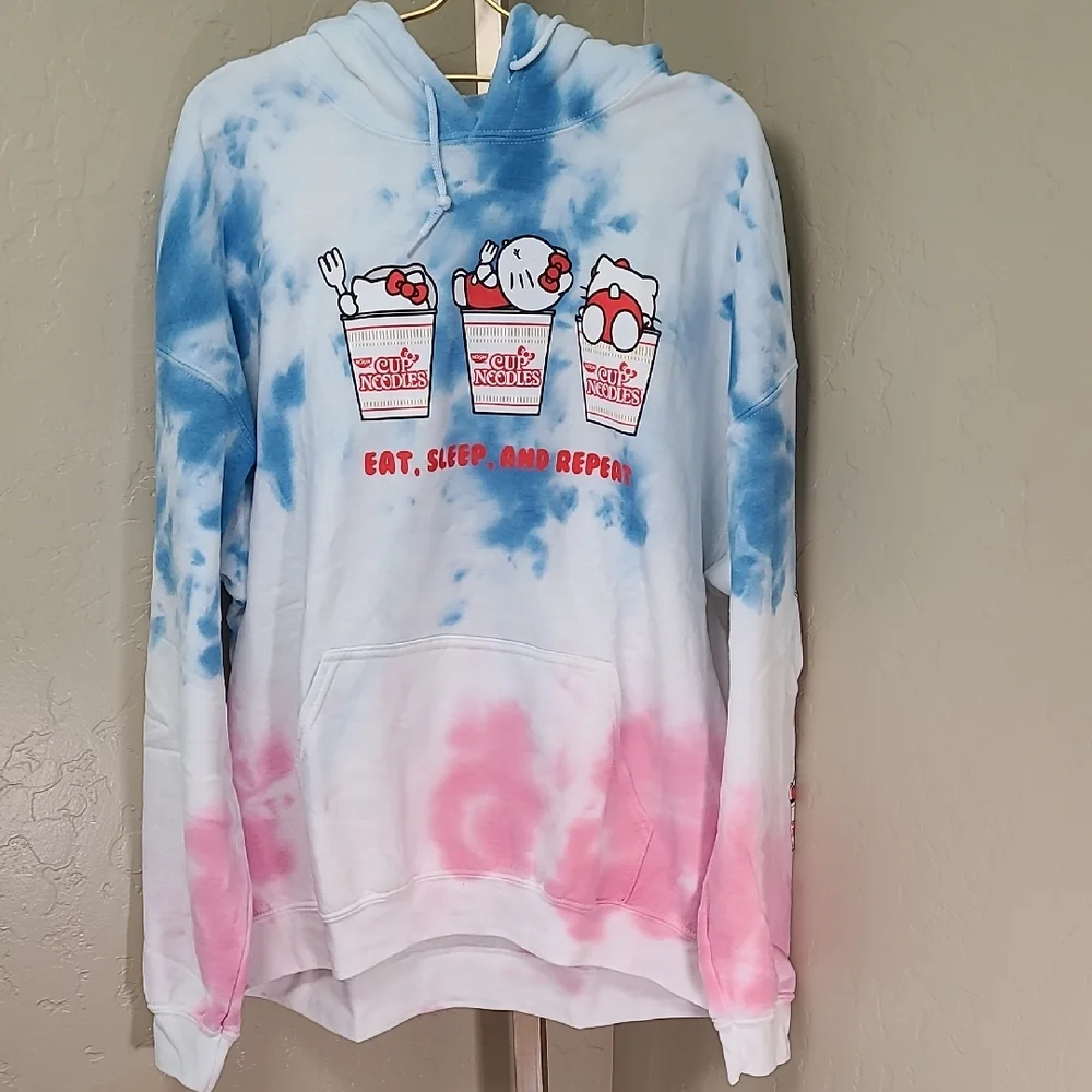 Cup Noodles X Hello Kitty Blue Pink White Tie Dye Cup Noodles Hoodie XL - Picture 1 of 14